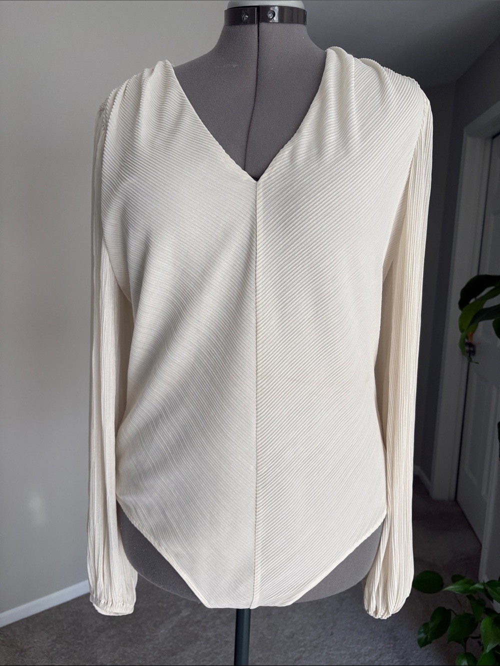 Express Cream V-Neck Pleated Long Sleeve Bodysuit blouse